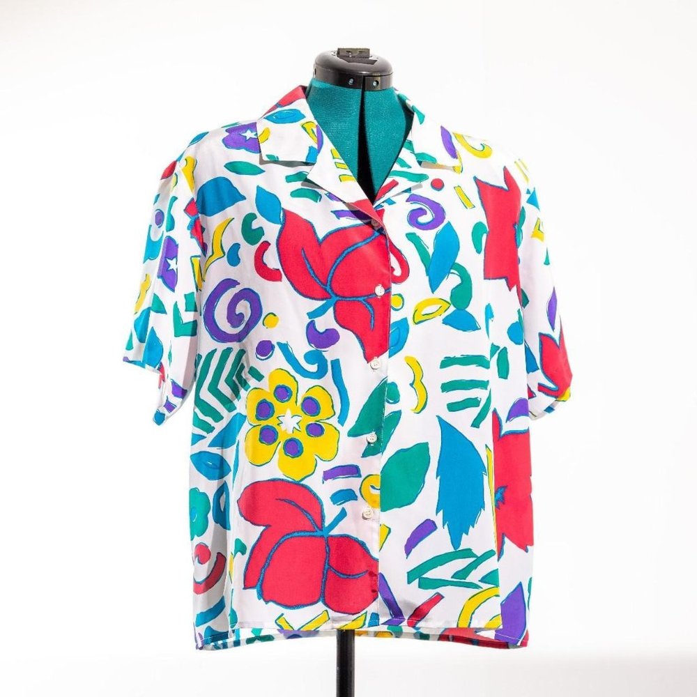 Vintage Blouse Shirt Short Sleeve Bright Retro Pattern XL